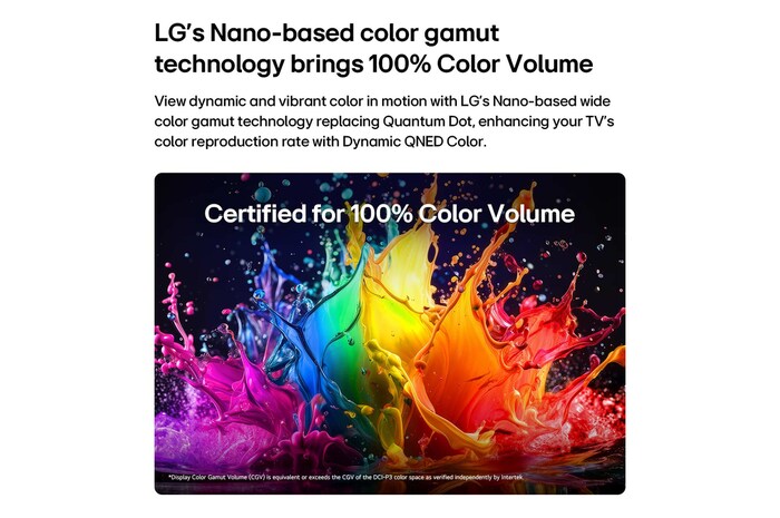 Een LG QNED AI QNED70 Mini LED met Dynamic QNED Color vult het scherm met levendige, vloeiende uitbarstingen van veelkleurige, verfachtige bewegingen, waardoor de verbeterde kleurlevendigheid wordt getoond, gecertificeerd voor 100% kleurvolume.